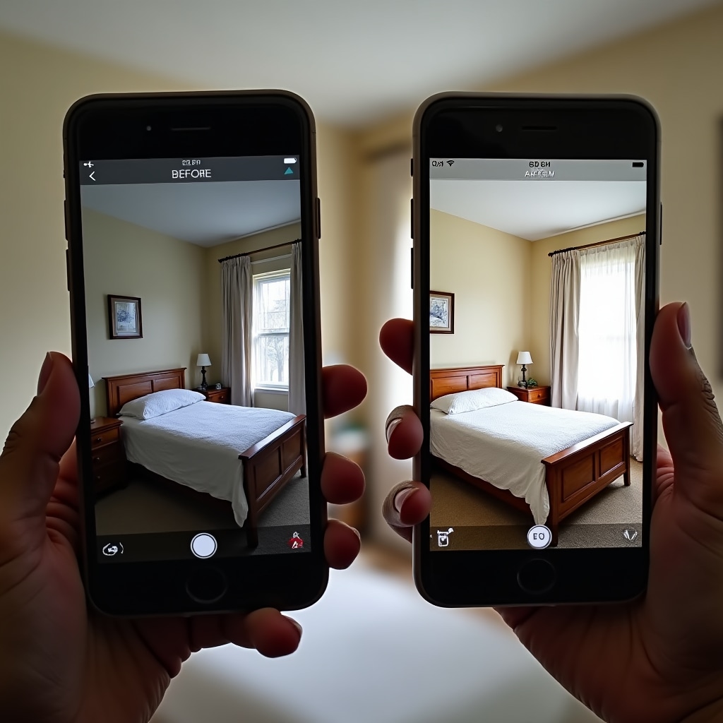 Side by side comparison showing improvement from amateur dark cell phone photo to professionally composed smartphone property image
