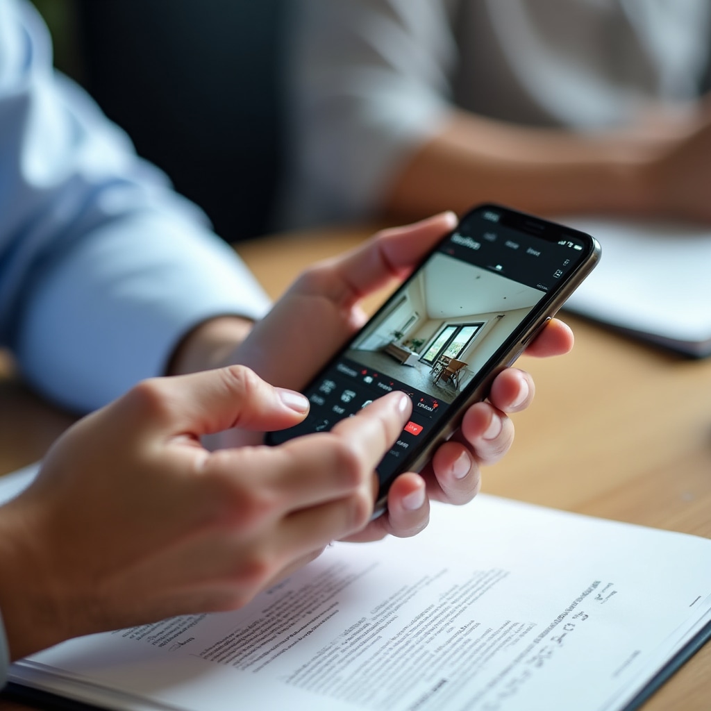 Workshop participant editing property photos on smartphone using free application while instructor provides guidance on adjustment techniques