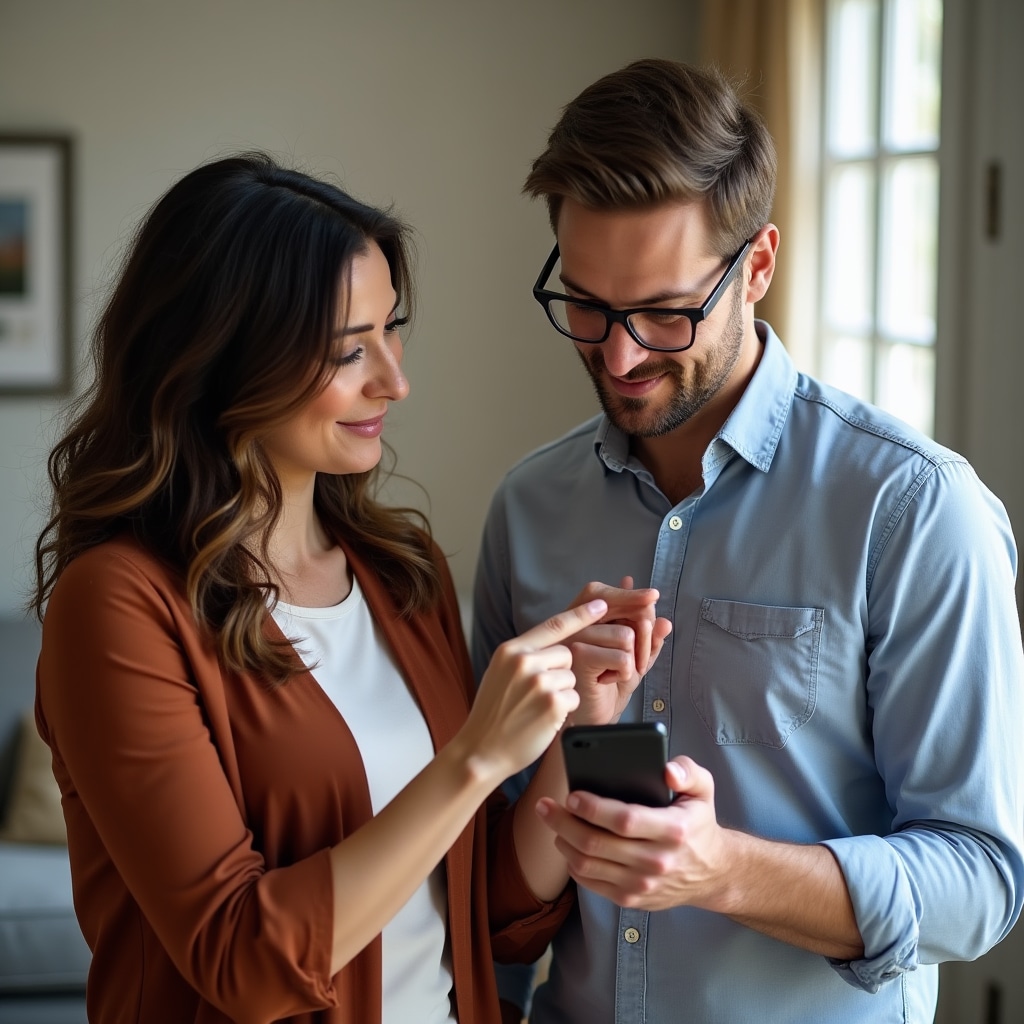 Workshop instructor providing hands-on guidance to realtor learning smartphone photography composition techniques in property interior