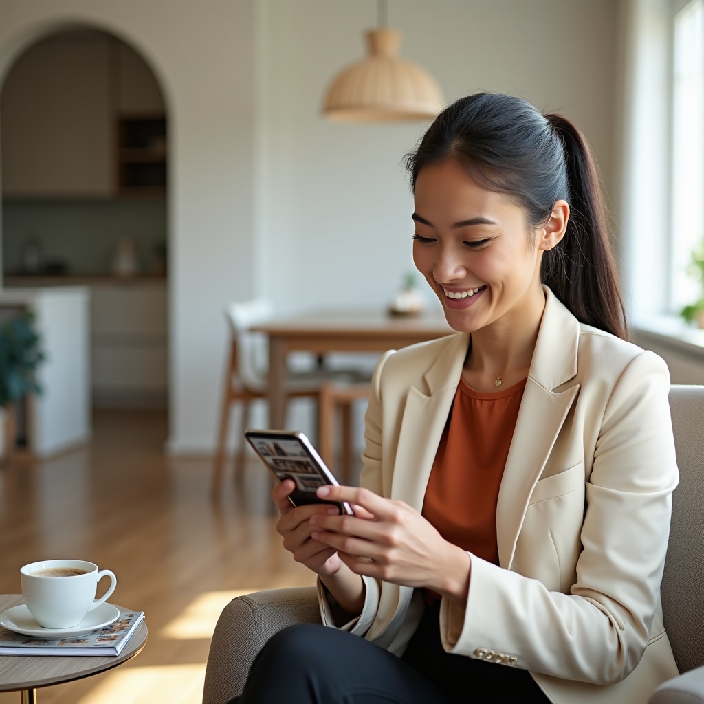 Independent realtor reviewing and selecting property photos on smartphone screen after completing workshop training session