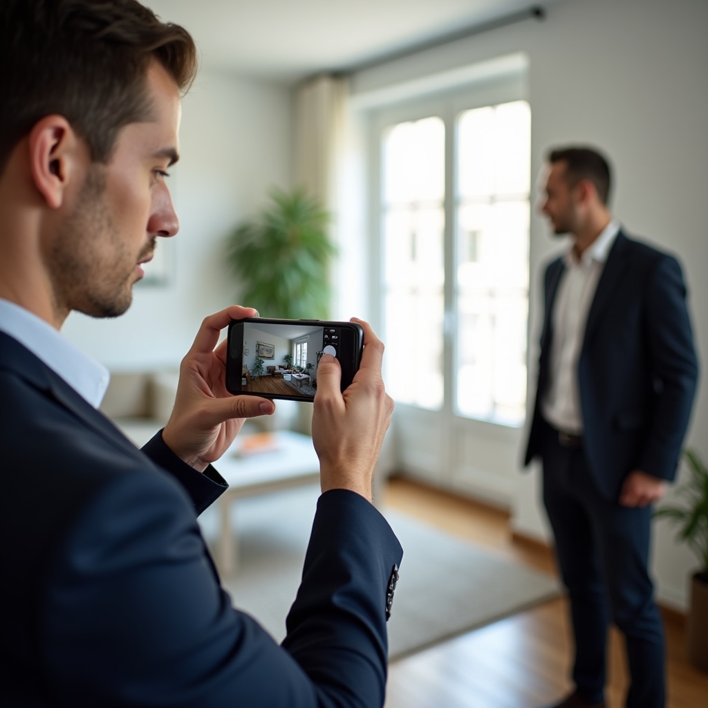 Realtor practicing interior photography techniques with smartphone during hands-on workshop session
